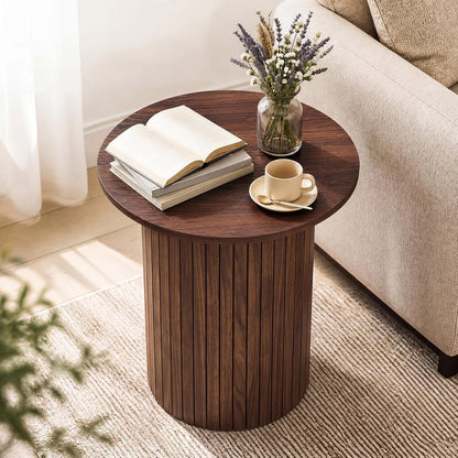 Goflame Round Side Table, Fluted Mid Century Modern Drum End Table | 22.5‘’ Wooden Pedestal Accent Nightstand for Bedroom