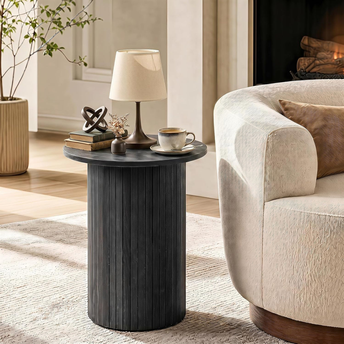 Goflame Round Side Table, Fluted Mid Century Modern Drum End Table | 22.5‘’ Wooden Pedestal Accent Nightstand for Bedroom