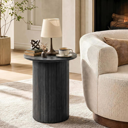 Goflame Round Side Table, Fluted Mid Century Modern Drum End Table | 22.5‘’ Wooden Pedestal Accent Nightstand for Bedroom