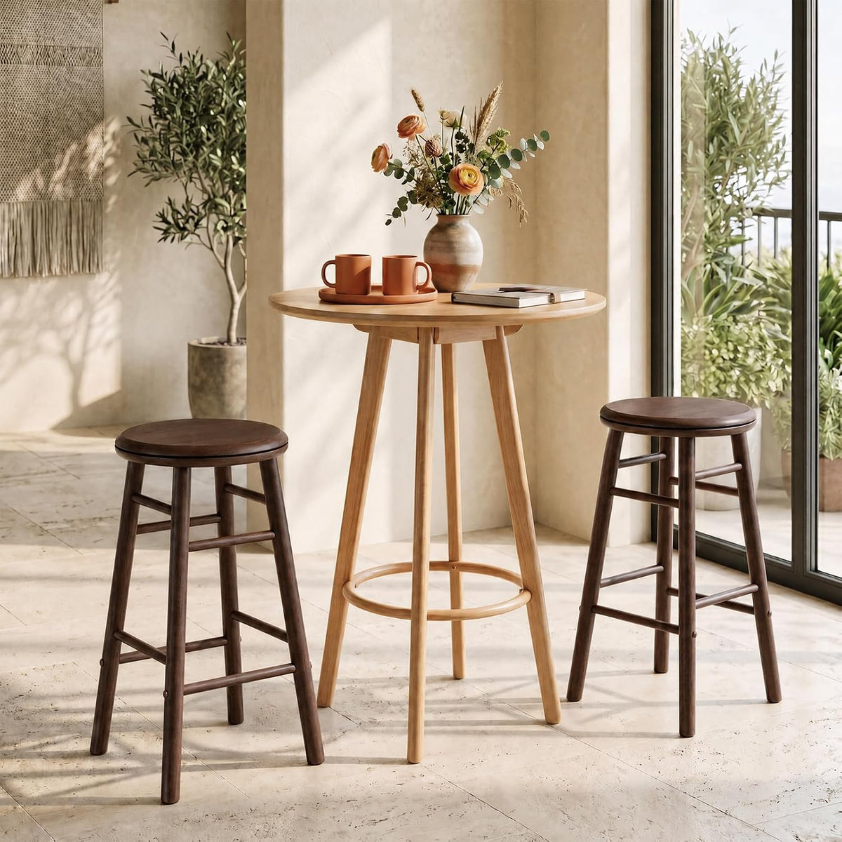 Goflame 24 Inch Swivel Bar Stools Set of 2, Rubber Wood, Walnut | Round Bar Chairs w/Backless Design