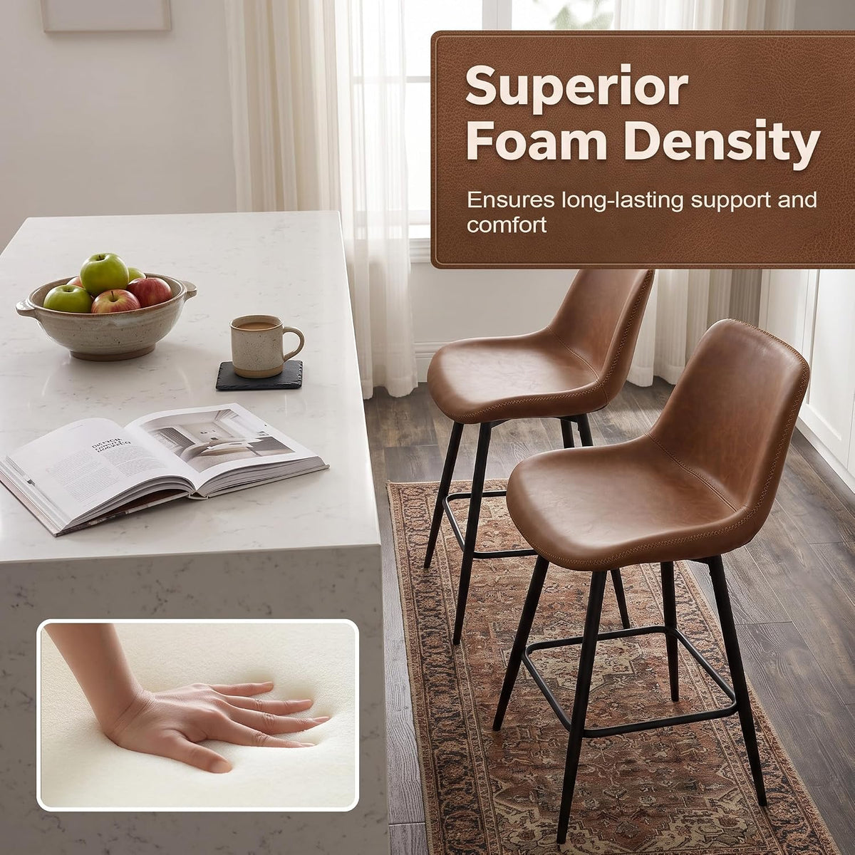 Goflame 24 Inch Faux Leather Upholstered Bar Stools Set of 2 | Counter Height Barstool with Backs & Footrests