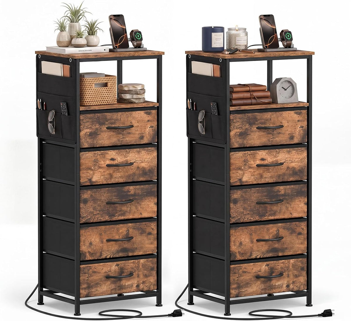 Goflame Modern 39" Bedside Table with Integrated Charging Station & 5 Fabric Drawers (1/2)