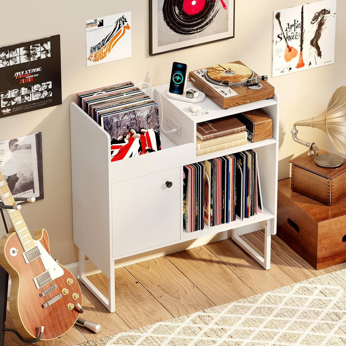 Goflame Record Player Stand with Open Shelf & Cabinet Hold Up to 250 Albums