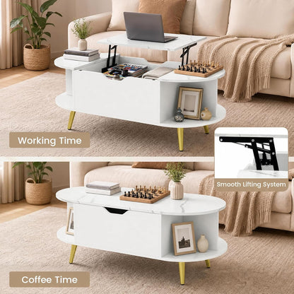 Goflame Lift Top Coffee Table with Storage, 39.5" Faux Marble Center Table