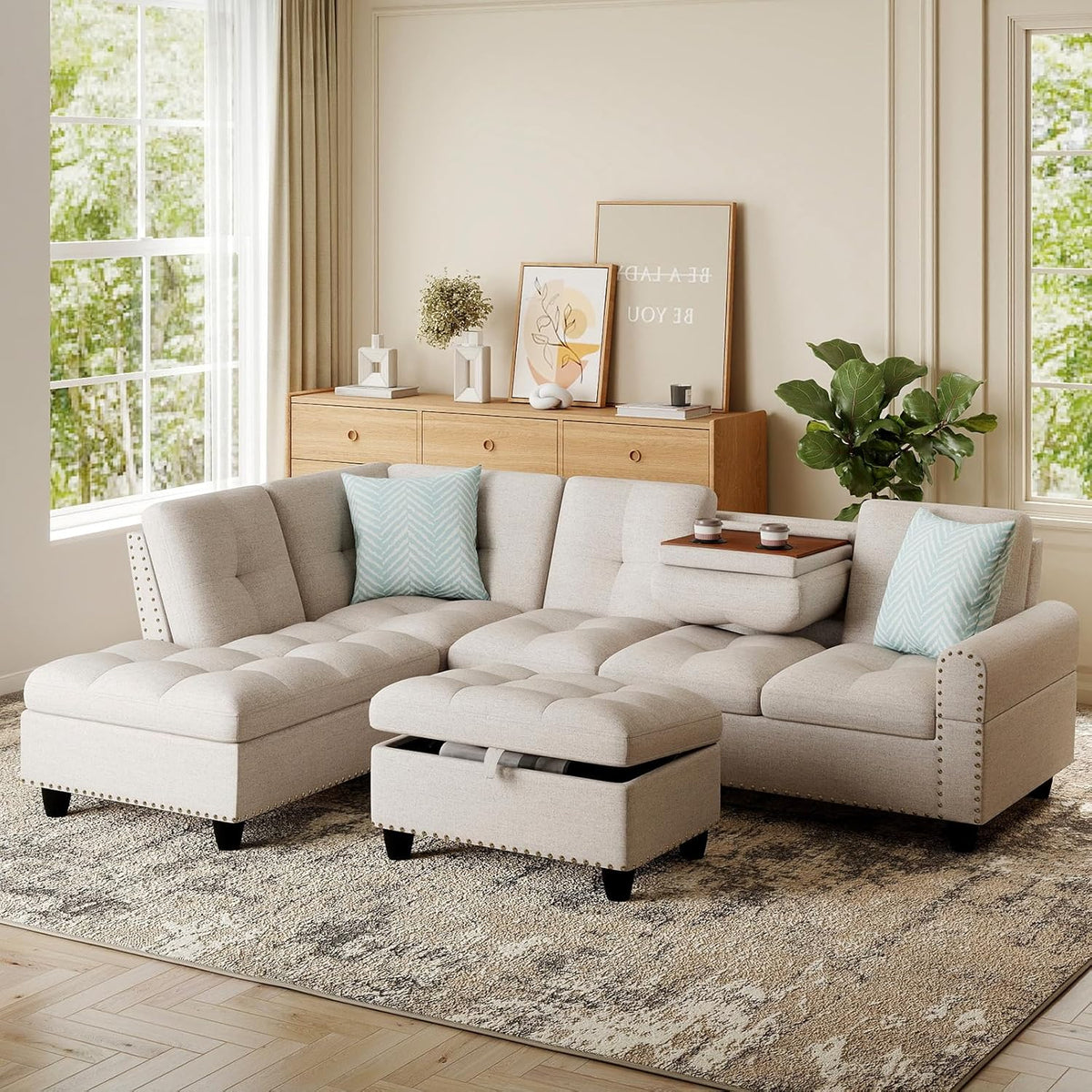 Goflame 98 Inches Sectional Sofa Couch with Movable Storage Ottoman and Linen Fabric Backs