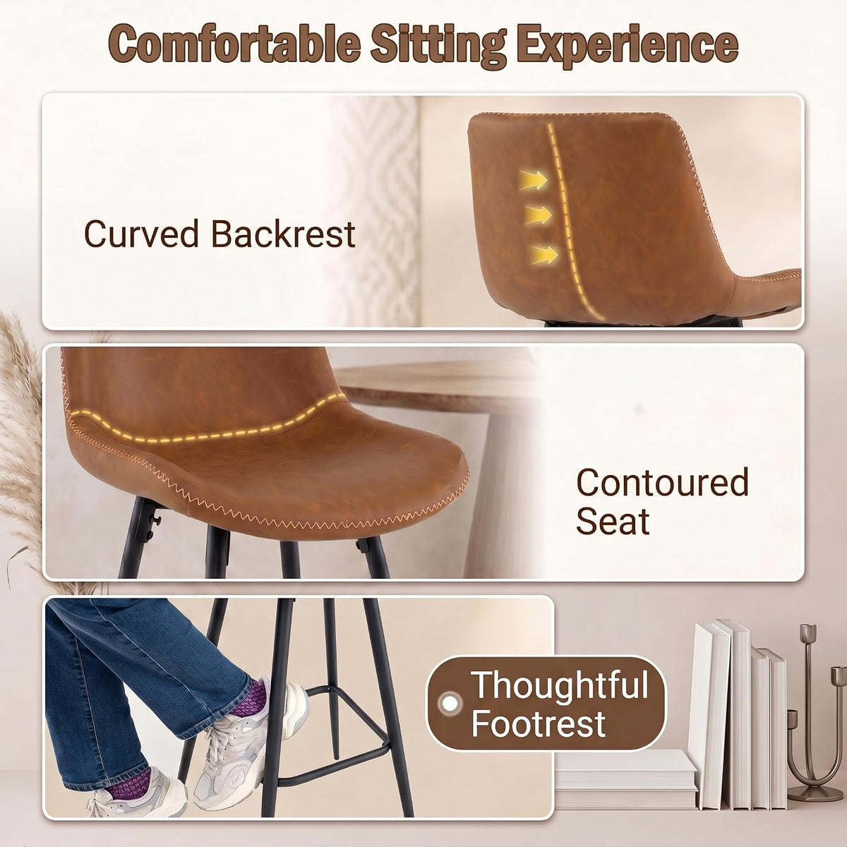 Goflame 24 Inch Faux Leather Upholstered Bar Stools Set of 2 | Counter Height Barstool with Backs & Footrests