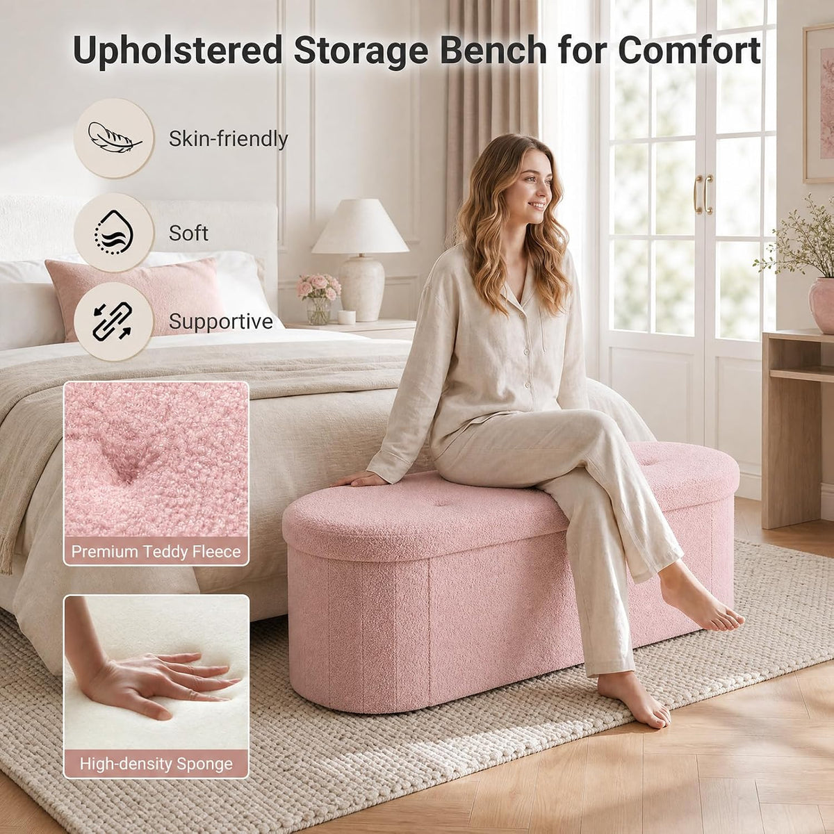 Goflame 43" Storage Ottoman Bench, Oval Ottoman with Dividers | Upholstered Bench Storage
