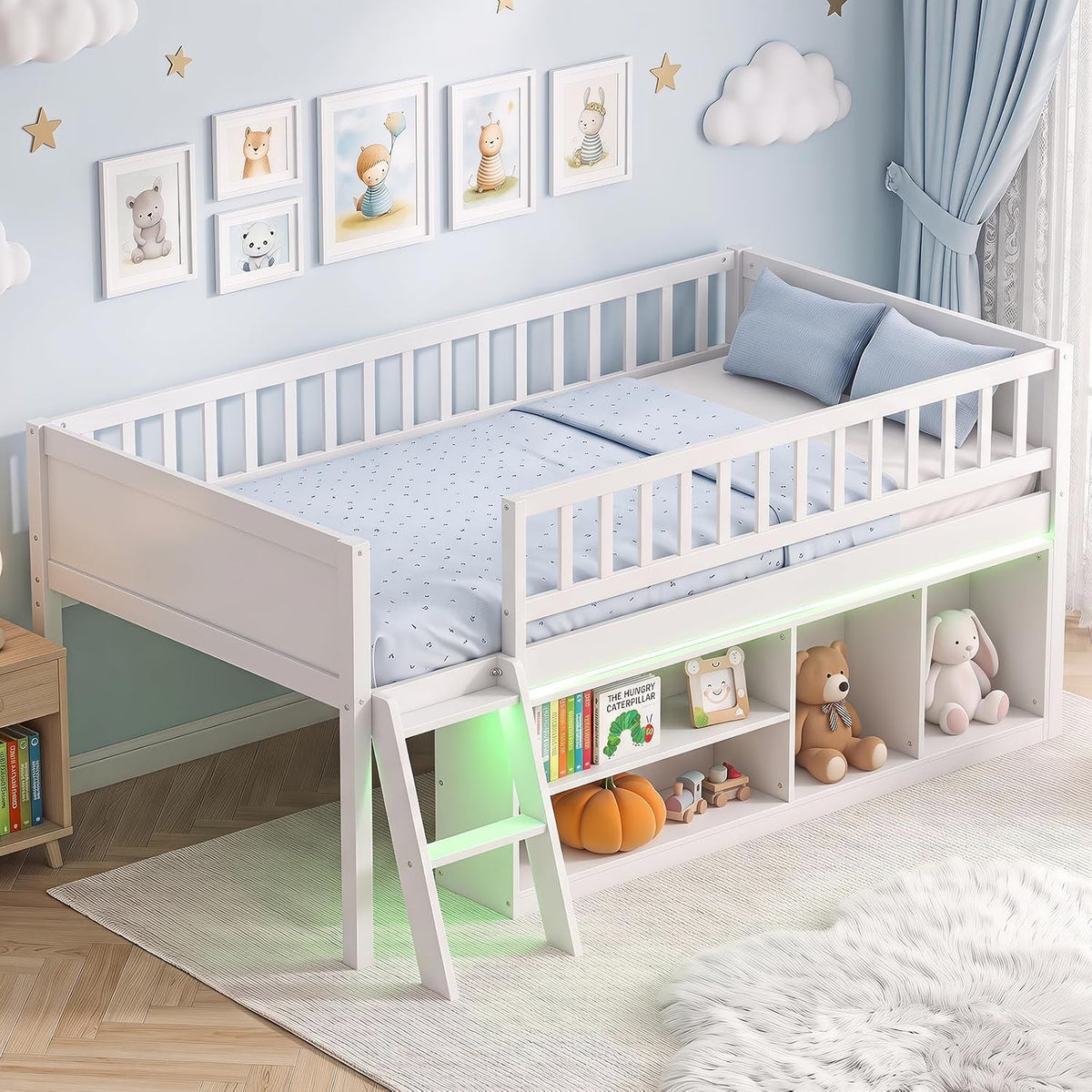 Goflame Low Loft Bed Twin Size with LED Lights