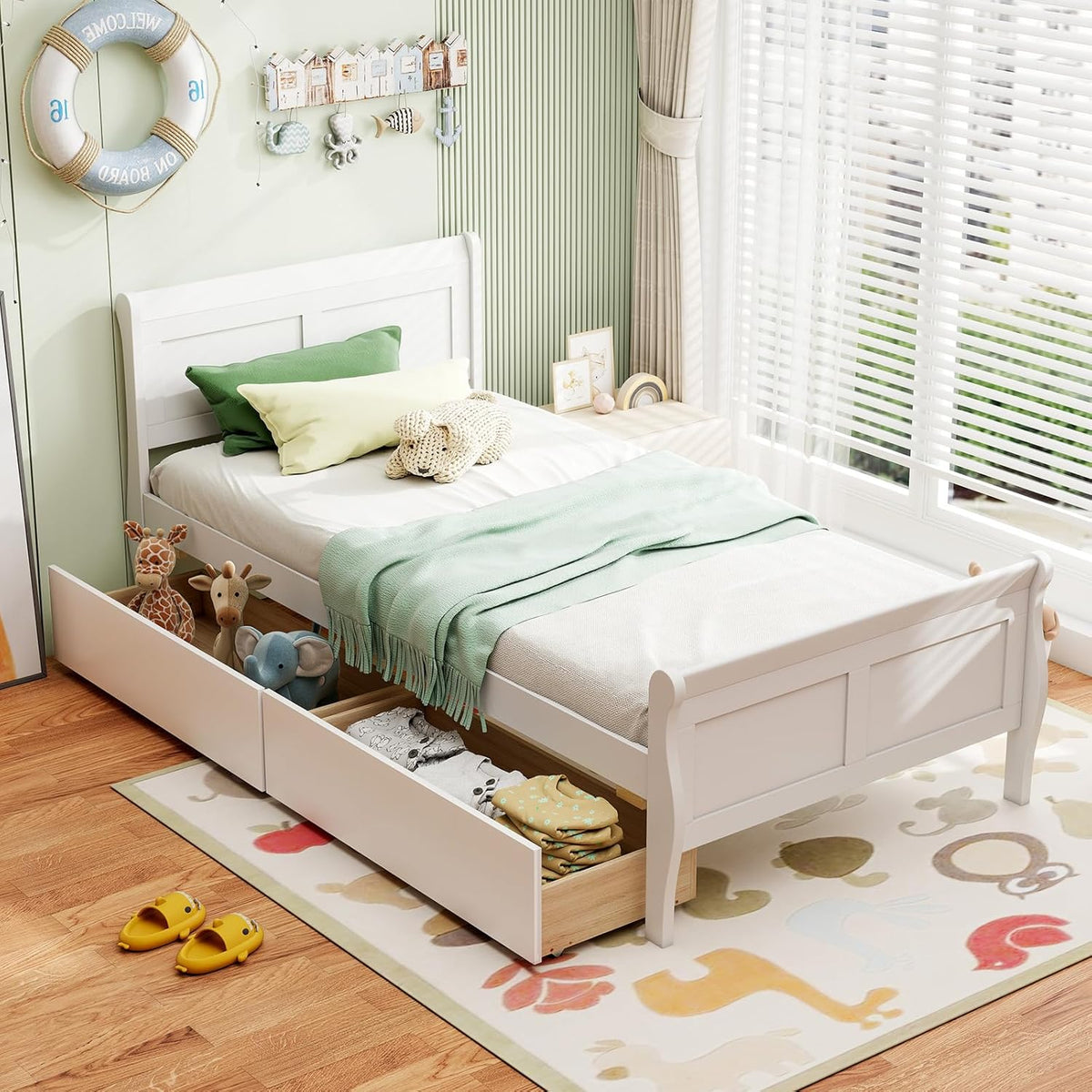 Goflame Twin/ Full/ Queen Bed with 2 Storage Drawers Wood Platform Bed with Headboard & Footboard