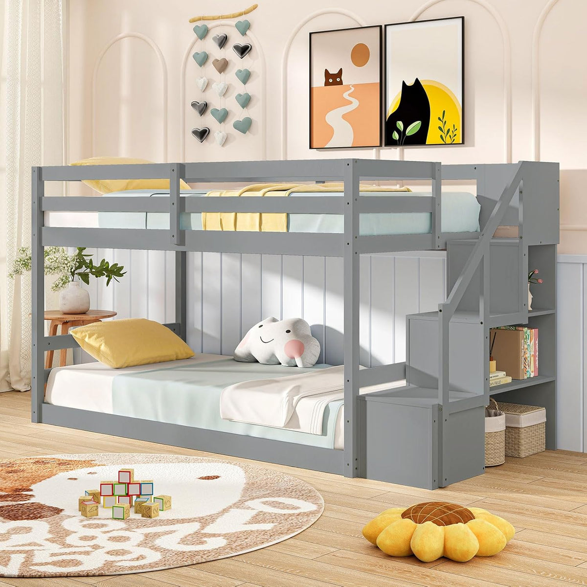 Goflame Bunk Bed with Stairs, Solid Wood Floor Bunk Bed with Storage Staircase & Full-Length Guardrails