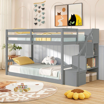 Goflame Bunk Bed with Stairs, Solid Wood Floor Bunk Bed with Storage Staircase & Full-Length Guardrails