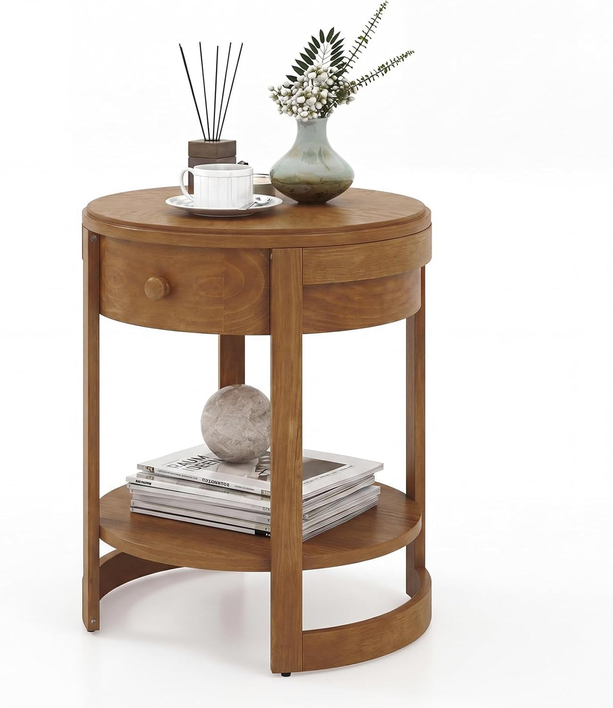 Goflame Round Side Tables Set of 1/2 | 2-Tier Retro End Tables with Drawer & Shelf