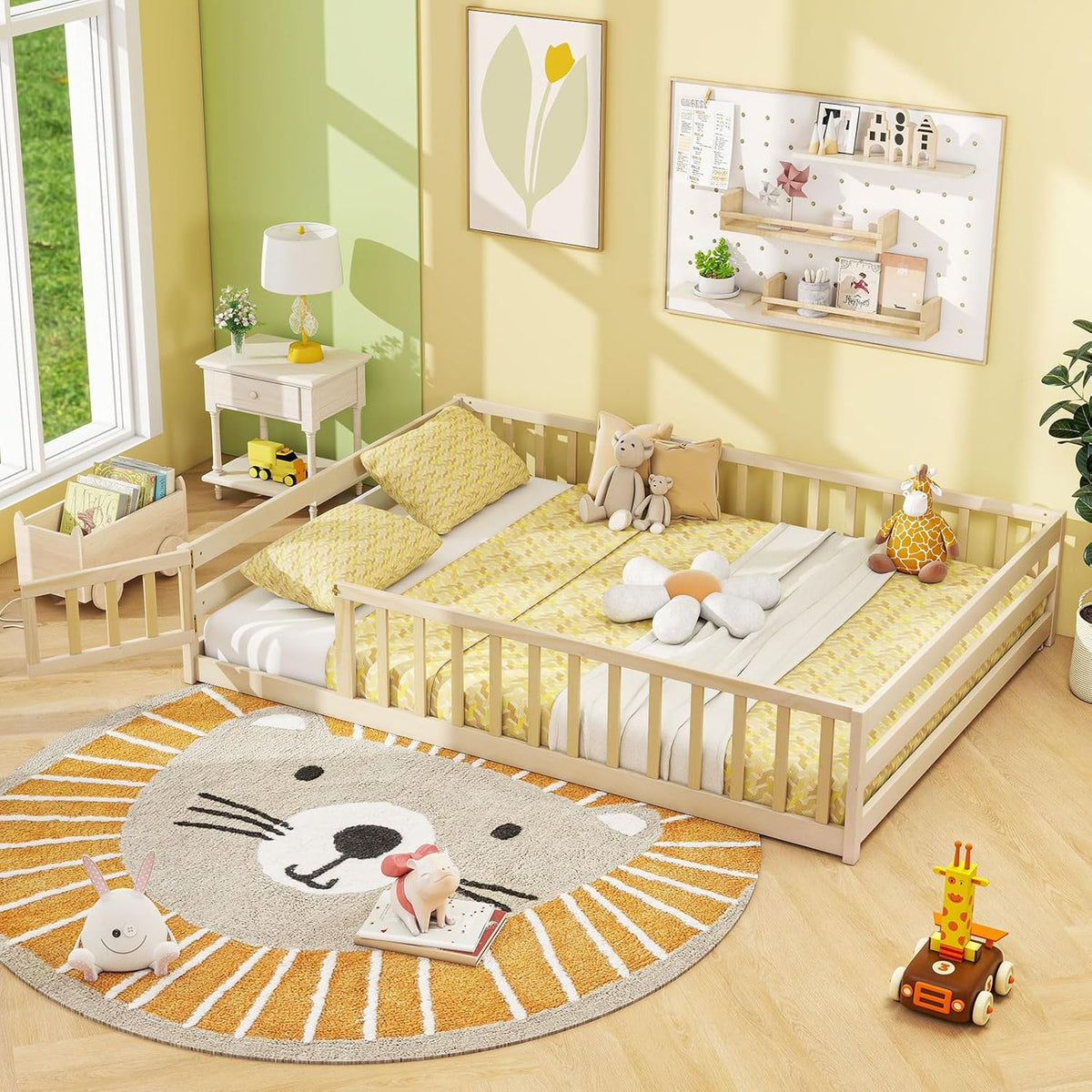 Goflame Floor Bed with Door & Fence Kids Wood Montessori Beds with Safety Guardrails