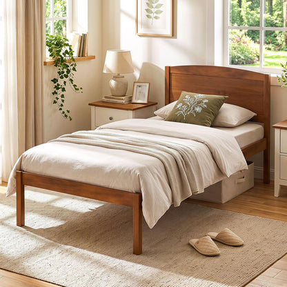 Goflame Wooden Bed Frame with Curved Headboard, Wood Slat Support | Farmhouse Platform Bed w/Heavy Duty Mattress Foundation