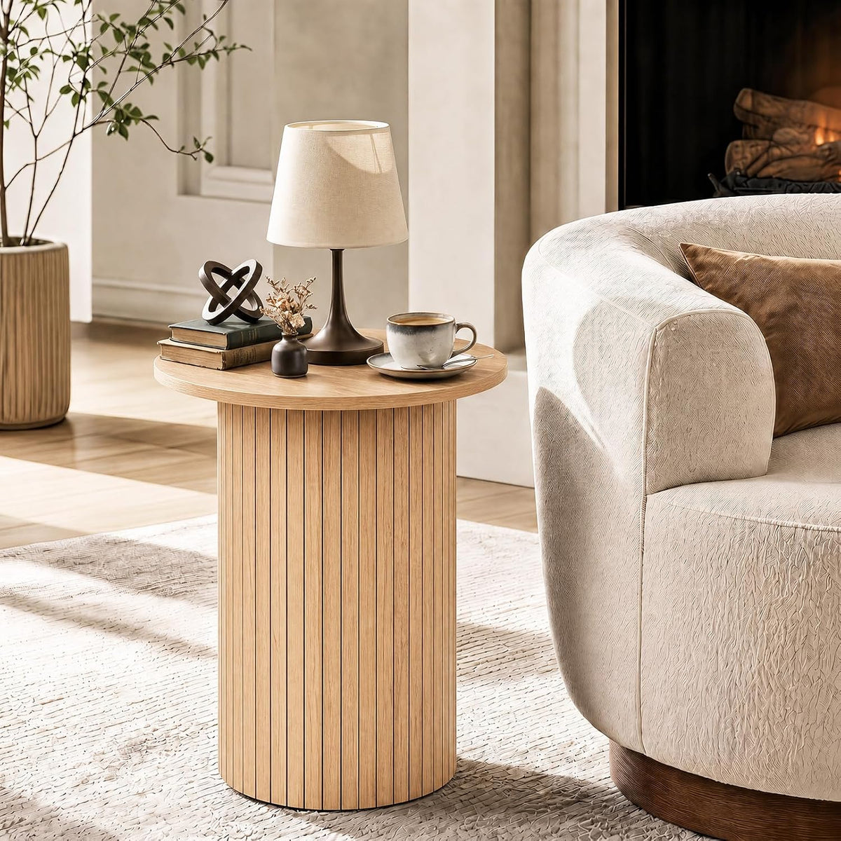 Goflame Round Side Table, Fluted Mid Century Modern Drum End Table | 22.5‘’ Wooden Pedestal Accent Nightstand for Bedroom