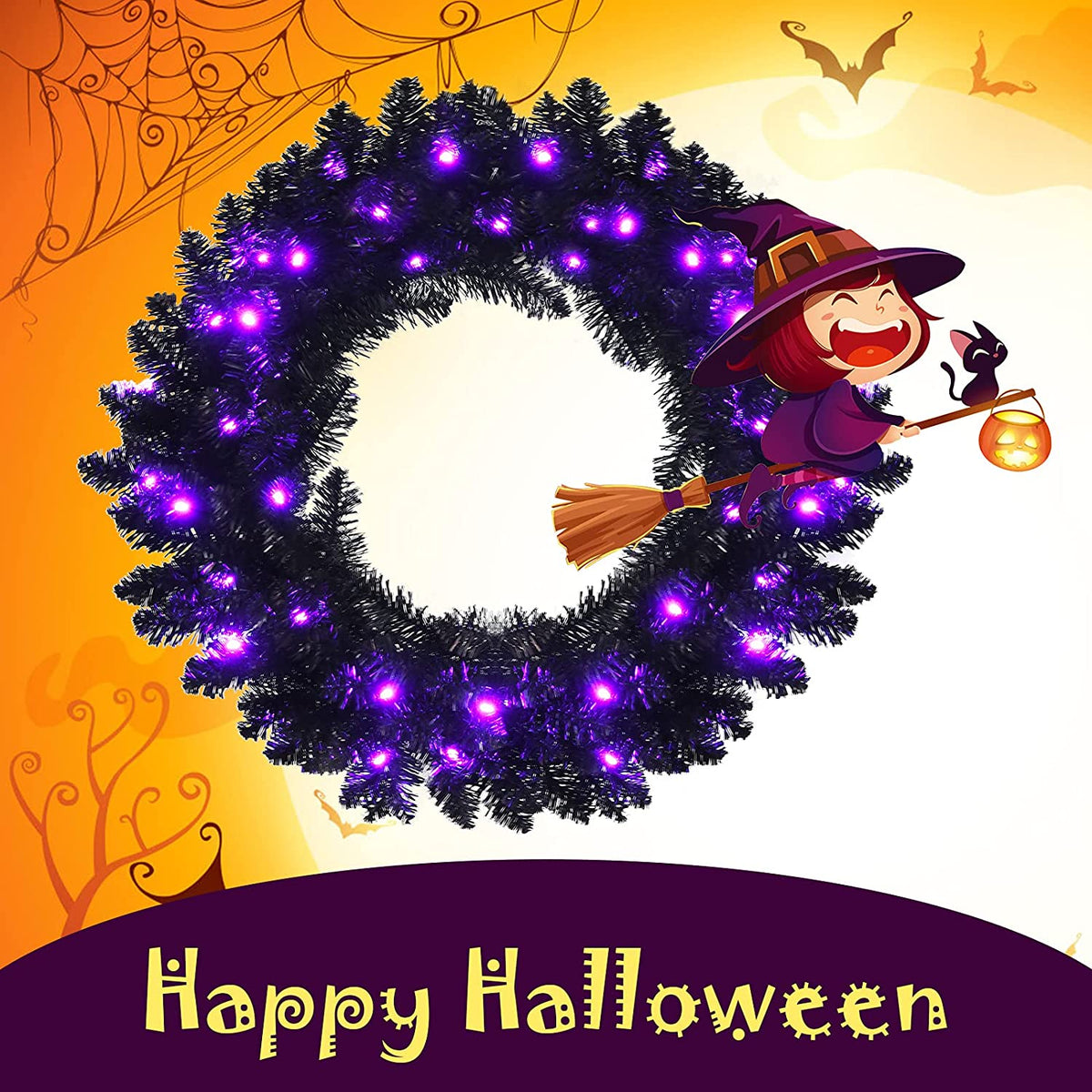 24' Black Halloween Wreath, Pre-lit Artificial Christmas Wreath - GoflameUS