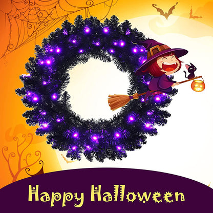 24' Black Halloween Wreath, Pre-lit Artificial Christmas Wreath - GoflameUS