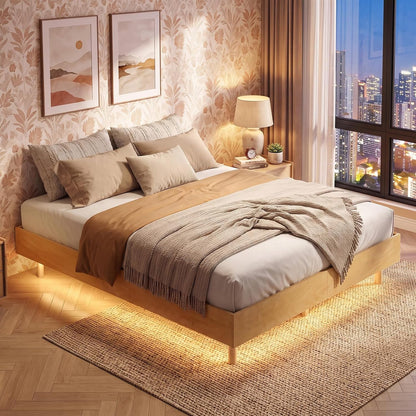 Goflame Wood Floating Bed Frame Queen Size with Smart LED Light, Natural | Modern Platform Bed w/Heavy Duty Mattress Foundation