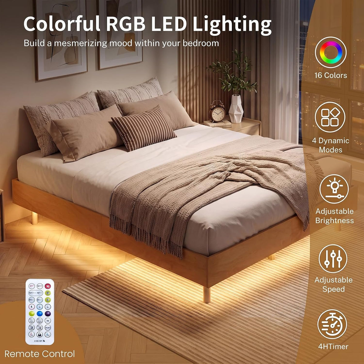 Goflame Wood Floating Bed Frame Queen Size with Smart LED Light, Natural | Modern Platform Bed w/Heavy Duty Mattress Foundation