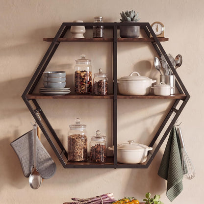 Goflame Industrial Hexagon Wall Shelf with 3-Tier Storage Shelves & 4 Hooks | Decorative Wall Display Rack Unit with Metal Frame