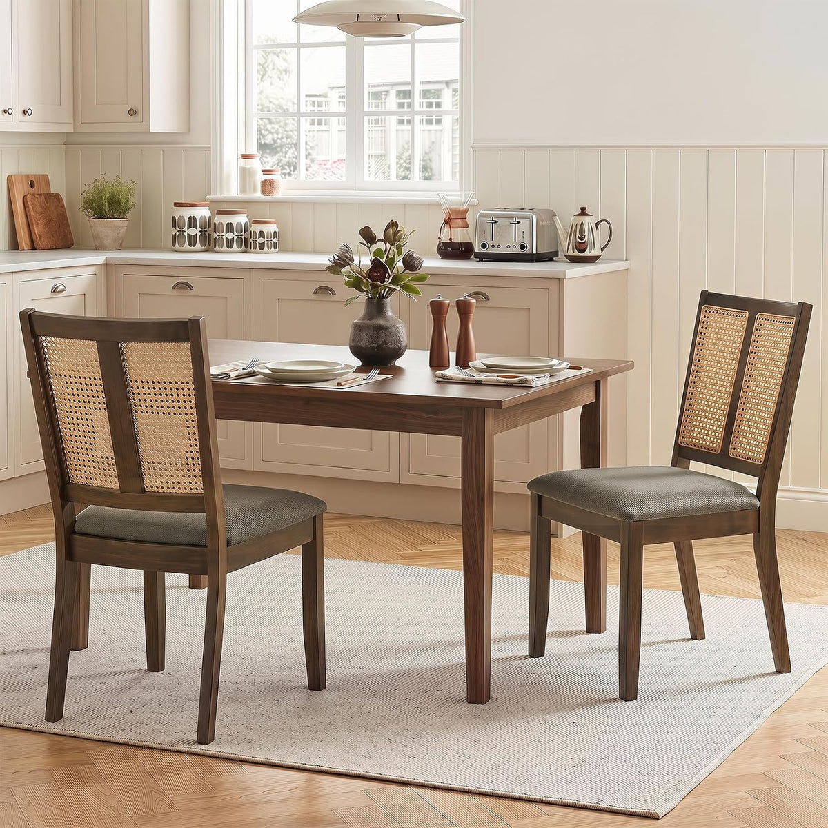 Goflame Rattan Dining Chairs Farmhouse Upholstered Kitchen Chairs | Boho Dining Room Chair w/Curved Backrest & Padded Seat