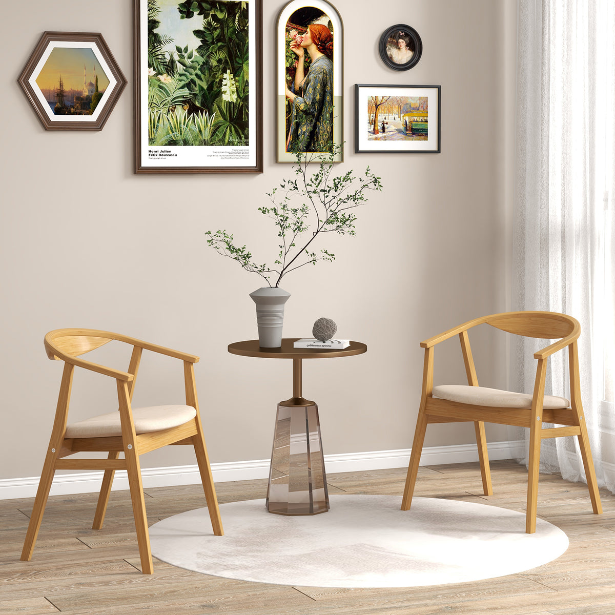Bamboo Accent Chair, Mid-Century Modern Armchair with Padded Seat, Curved Backrest and Wrap-Around Armrest