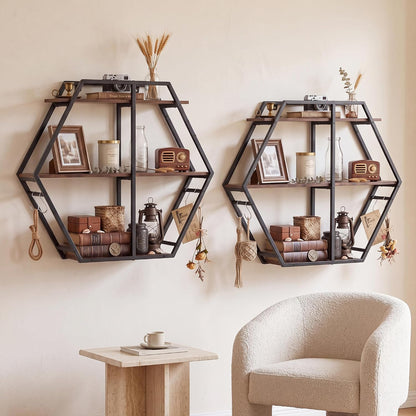 Goflame Industrial Hexagon Wall Shelf with 3-Tier Storage Shelves & 4 Hooks | Decorative Wall Display Rack Unit with Metal Frame