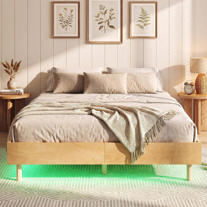 Goflame Wood Floating Bed Frame Queen Size with Smart LED Light, Natural | Modern Platform Bed w/Heavy Duty Mattress Foundation