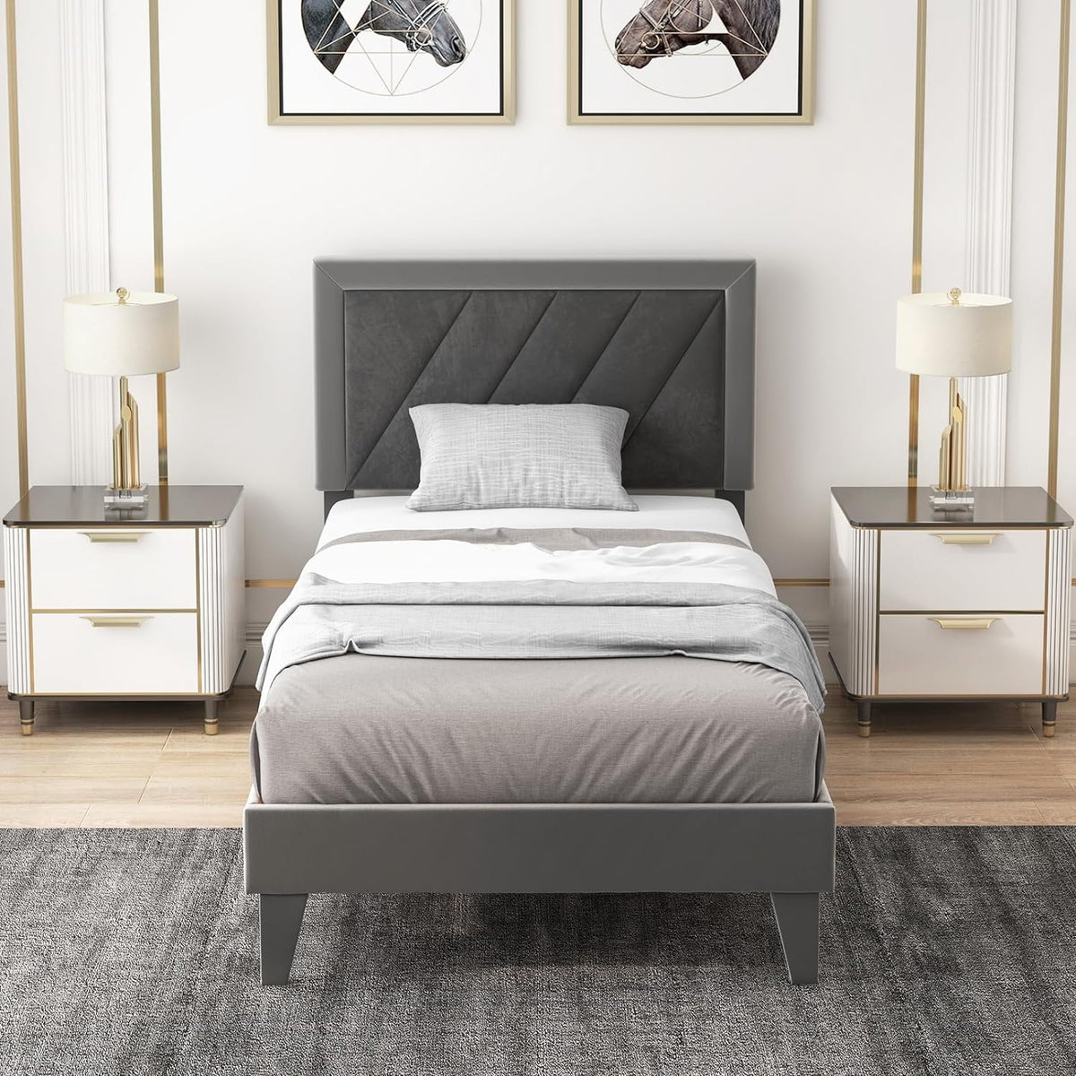 Goflame Full Size Velvet Bed Frame with Headboard, Modern Upholstered Platform Bed, No Box Spring Needed, Black & Gray