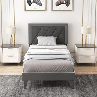 Goflame Full Size Velvet Bed Frame with Headboard, Modern Upholstered Platform Bed, No Box Spring Needed, Black & Gray