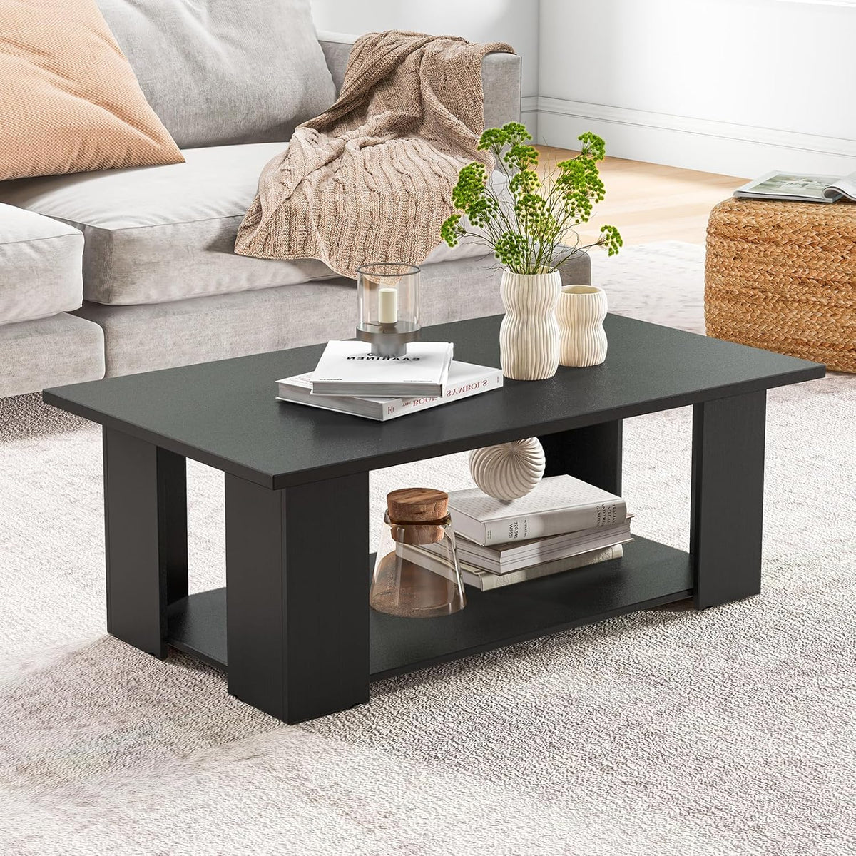 Goflame Rectangle Wood Center Table, 41" L 2-Tier Large Modern Tea Table w/Open Compartment