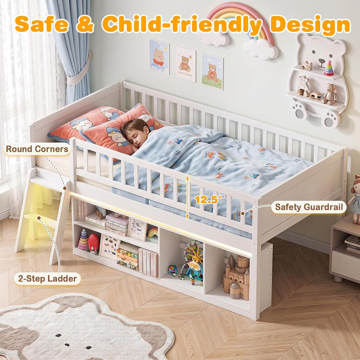 Goflame Low Loft Bed Twin Size with LED Lights