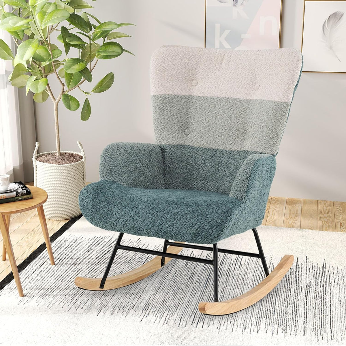 Goflame Rocking Chair Nursery Teddy Upholstered Glider Rocker w/Ergonomic High Backrest