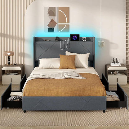 Goflame Full/Queen Size Bed Frame with 4 Storage Drawers & LED Lights, Headboard & Charging Station, Wooden Slats, Easy Assembly, Grey