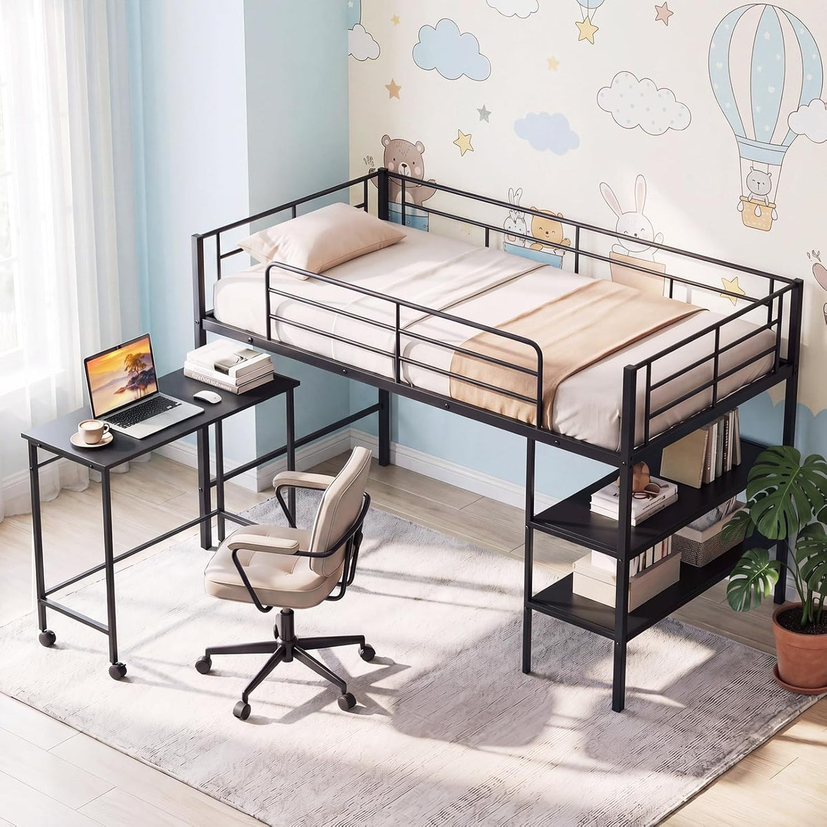 Goflame Low Loft Twin Size Bed with Desk & Bookshelf