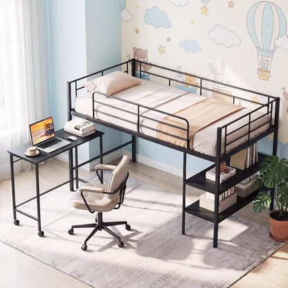 Goflame Low Loft Twin Size Bed with Desk & Bookshelf