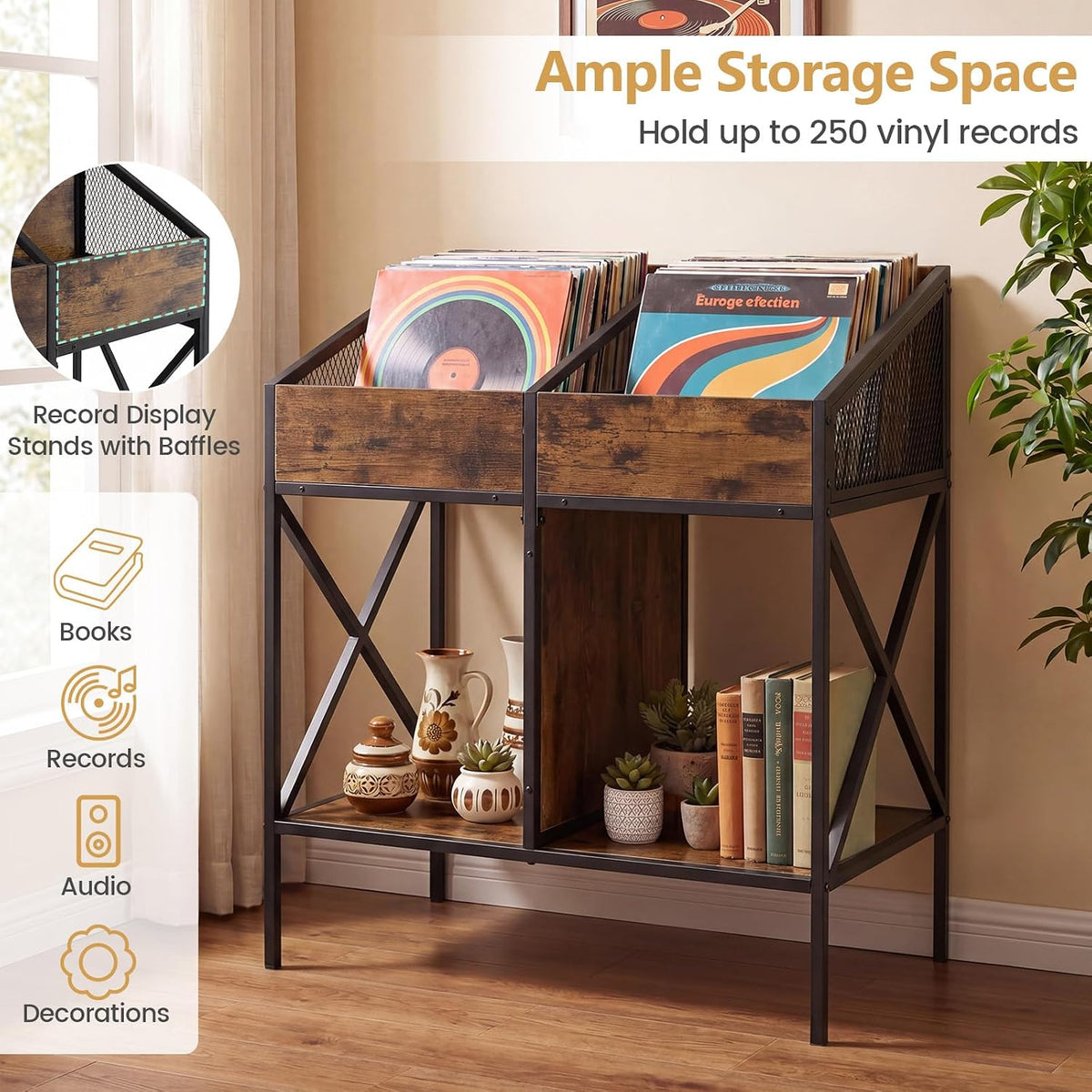 Goflame 2-Tier Record Player Stand, Vinyl Record Storage | 250 LP Albums Display Shelf
