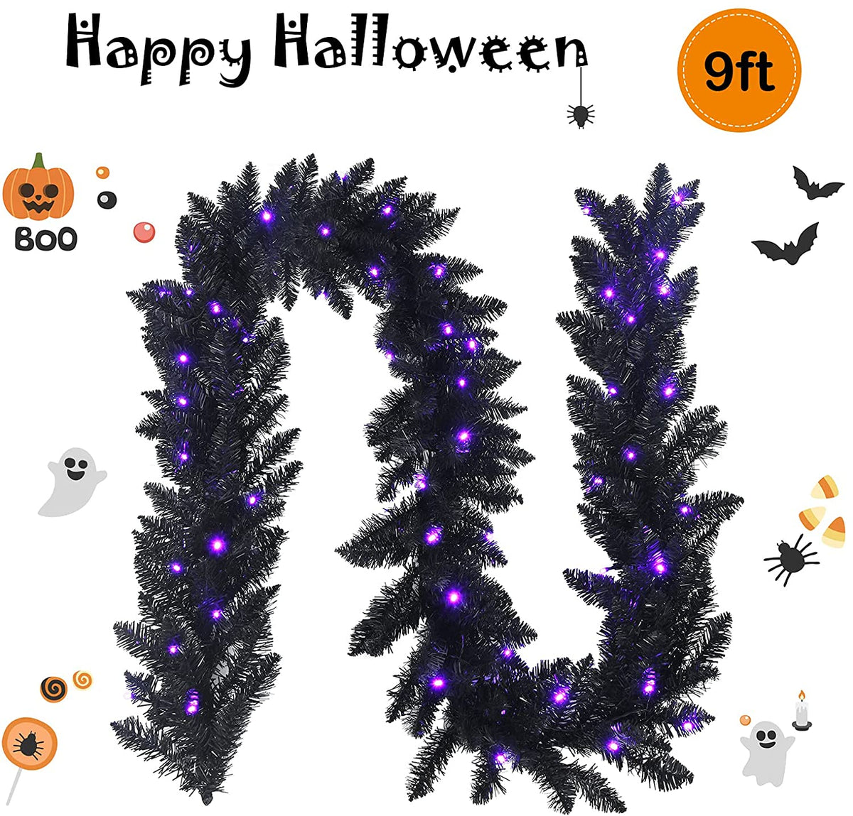 9FT Black Halloween Garland with Lights - GoflameUS