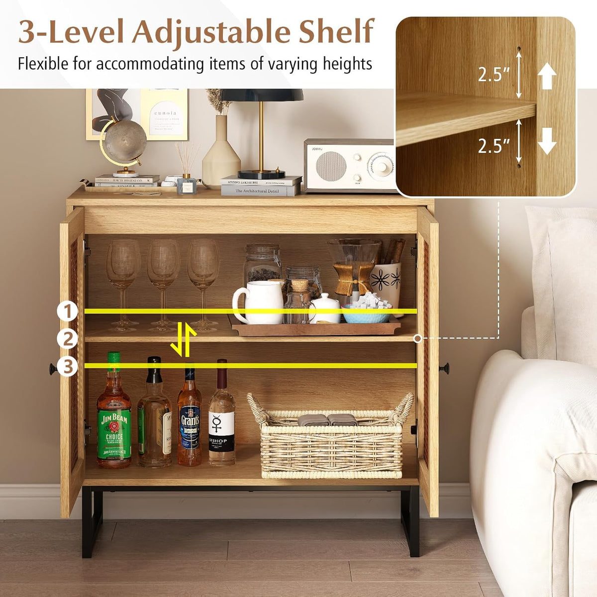 Goflame Small PE Rattan Buffet Cabinet with 2-Door Boho Sideboard