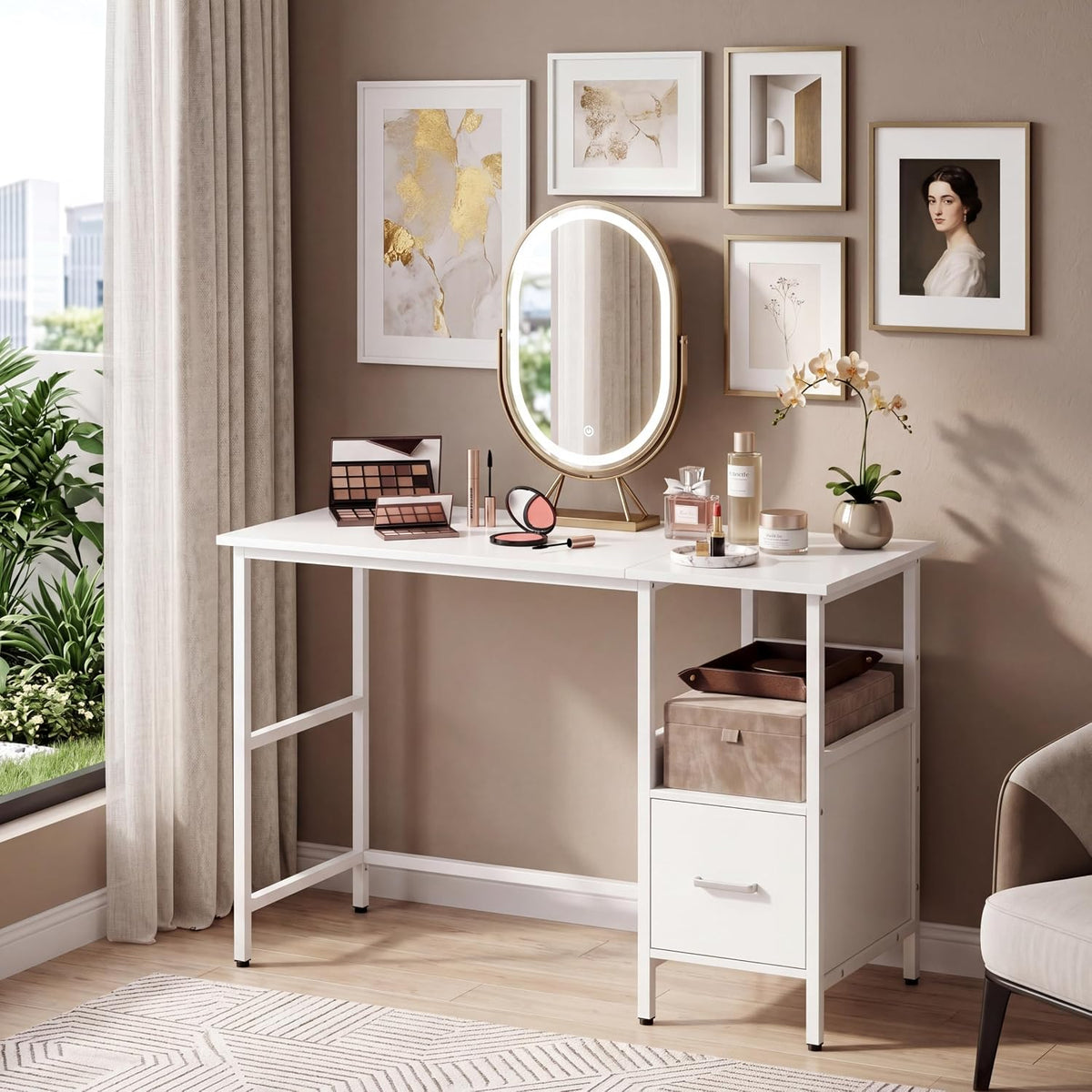 Goflame White Computer Desk, Writing Desk w/Open Shelf and Storage Drawer