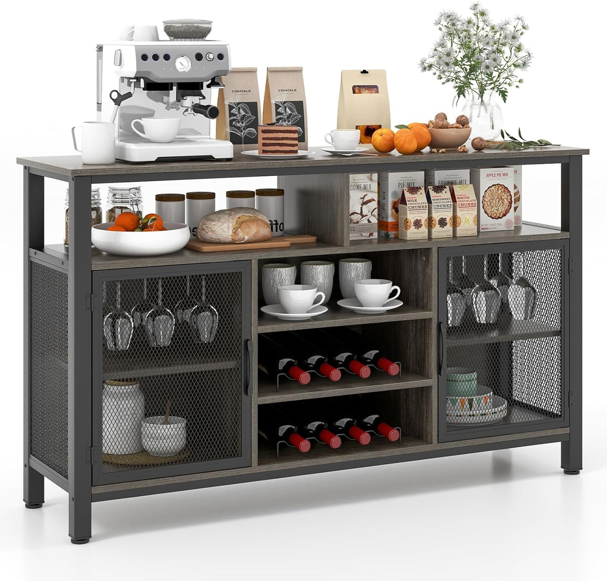 Goflame Coffee Bar Cabinet for Liquor and Glasses, 55” Buffet Sideboard with 8-Bottle Wine Racks, 6 Rows of Wine Glass Holders