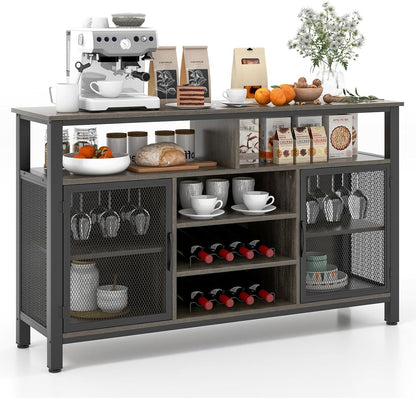 Goflame Coffee Bar Cabinet for Liquor and Glasses, 55” Buffet Sideboard with 8-Bottle Wine Racks, 6 Rows of Wine Glass Holders