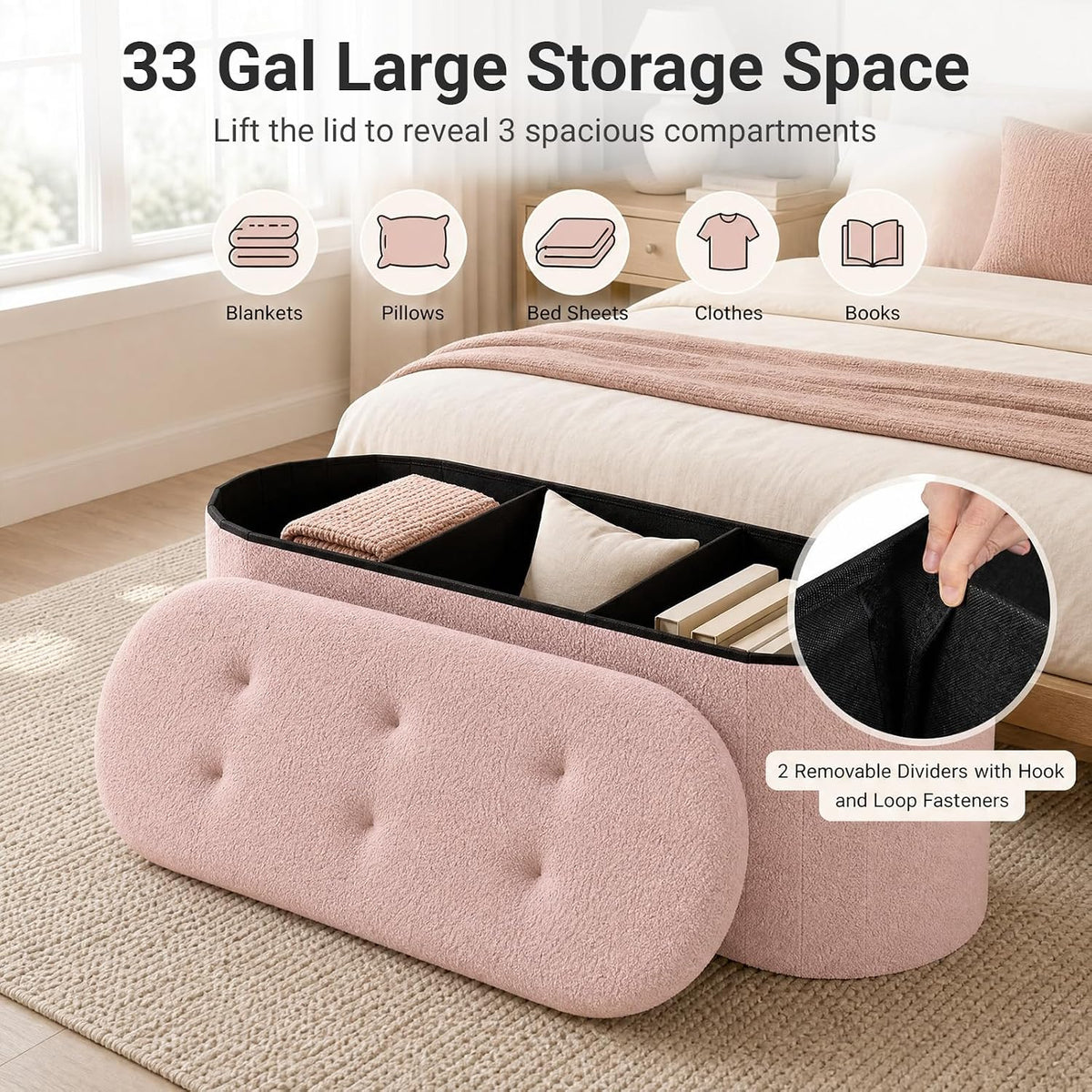 Goflame 43" Storage Ottoman Bench, Oval Ottoman with Dividers | Upholstered Bench Storage