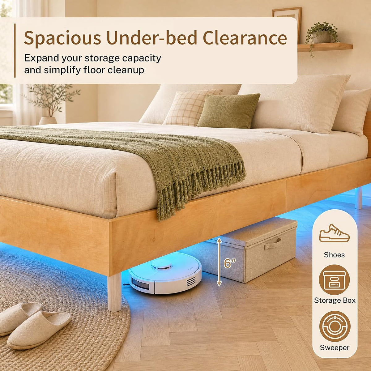 Goflame Wood Floating Bed Frame Queen Size with Smart LED Light, Natural | Modern Platform Bed w/Heavy Duty Mattress Foundation
