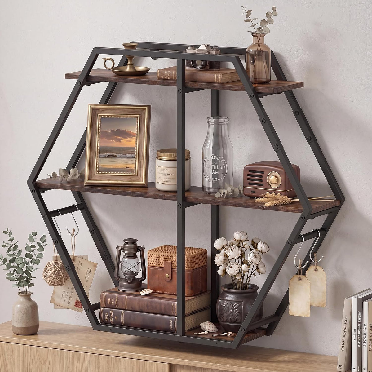 Goflame Industrial Hexagon Wall Shelf with 3-Tier Storage Shelves & 4 Hooks | Decorative Wall Display Rack Unit with Metal Frame