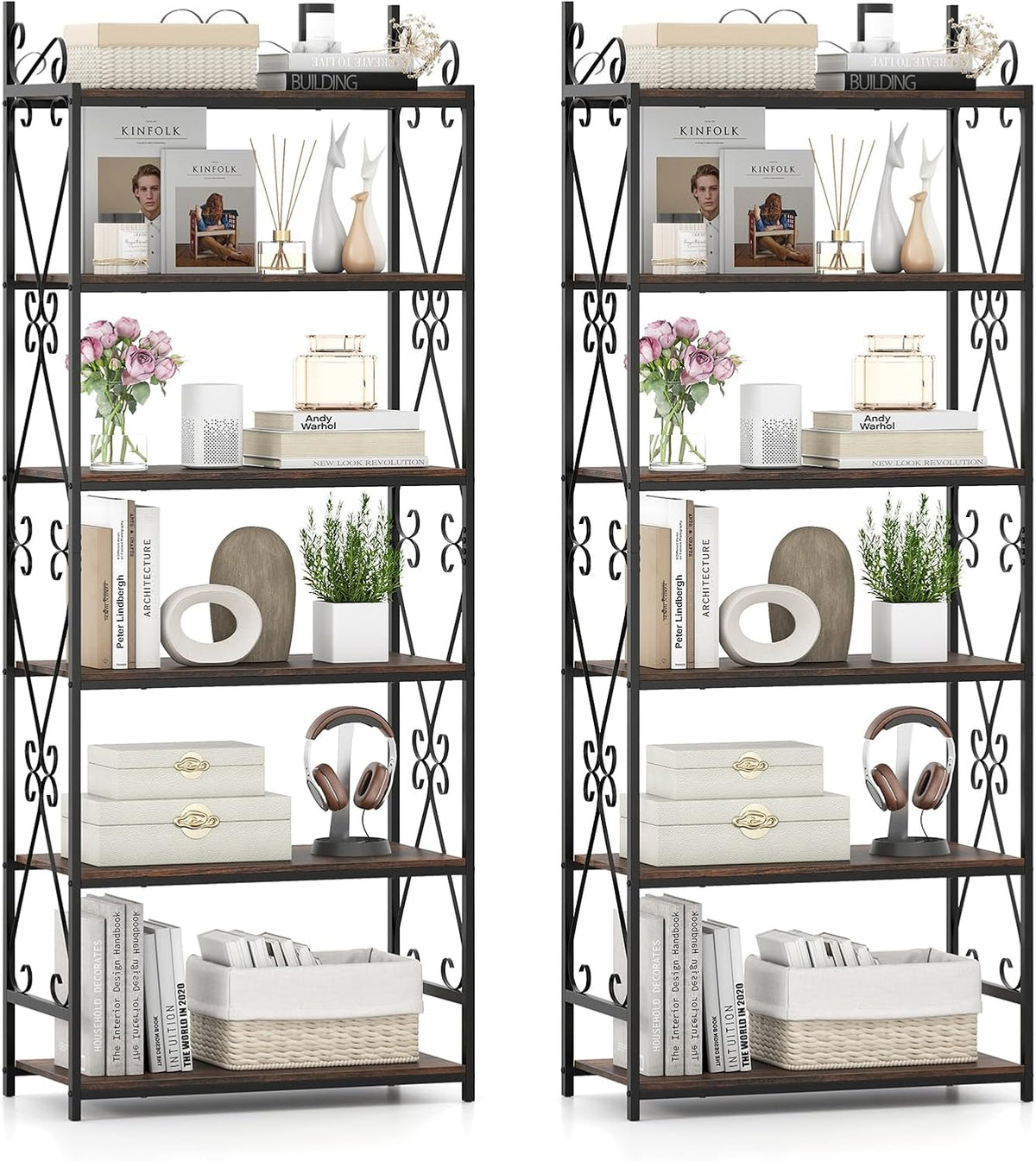 Goflame 6-Tier Bookshelf Industrial Bookcase with 2 Anti-Tipping Kits and Metal Frame