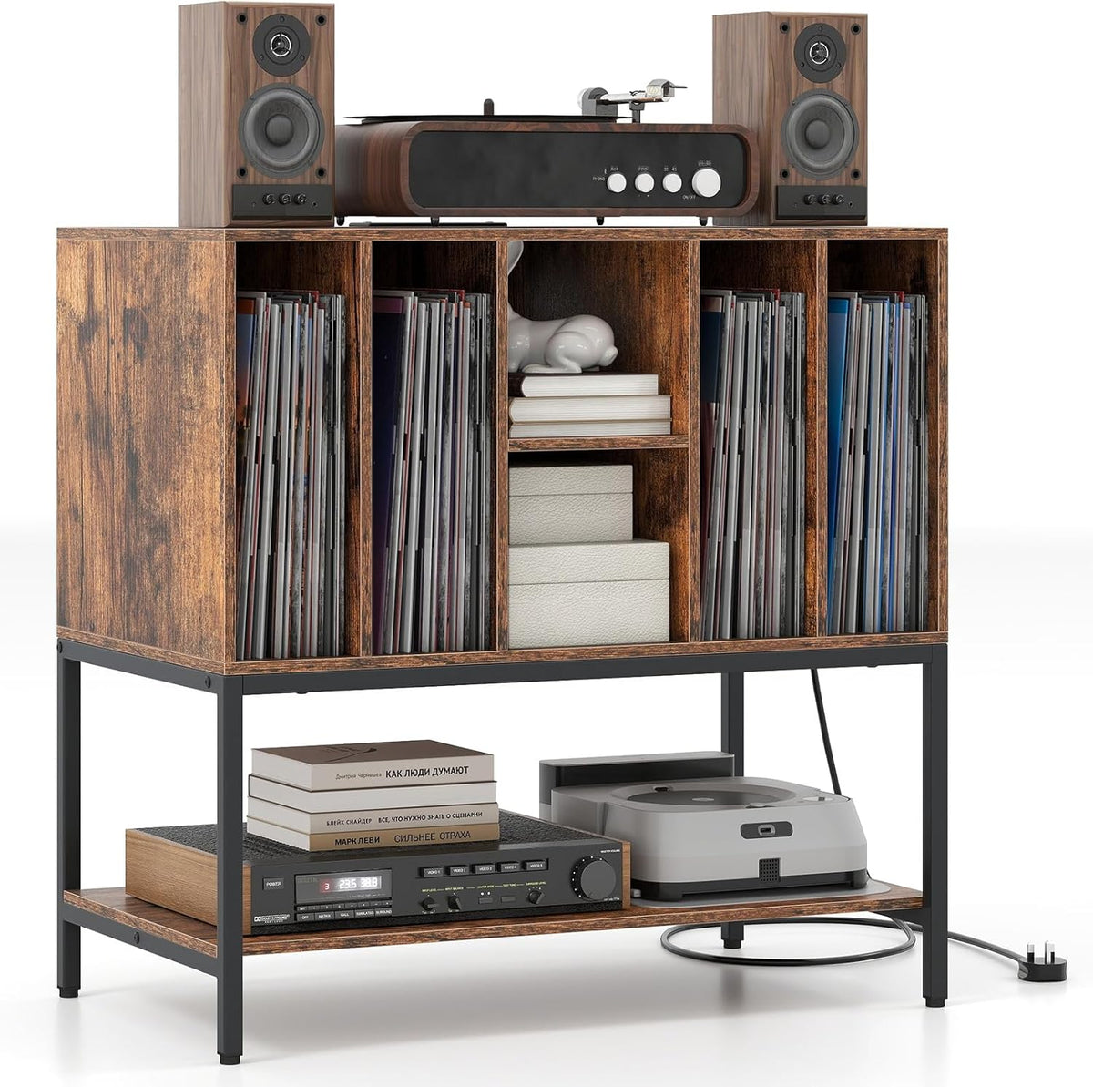Goflame Record Player Stand with Charging Station Vinyl Record Storage for Music Living Room