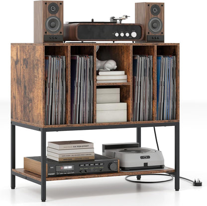 Goflame Record Player Stand with Charging Station Vinyl Record Storage for Music Living Room