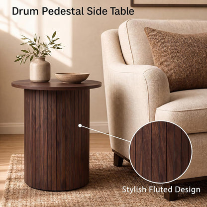 Goflame Round Side Table, Fluted Mid Century Modern Drum End Table | 22.5‘’ Wooden Pedestal Accent Nightstand for Bedroom