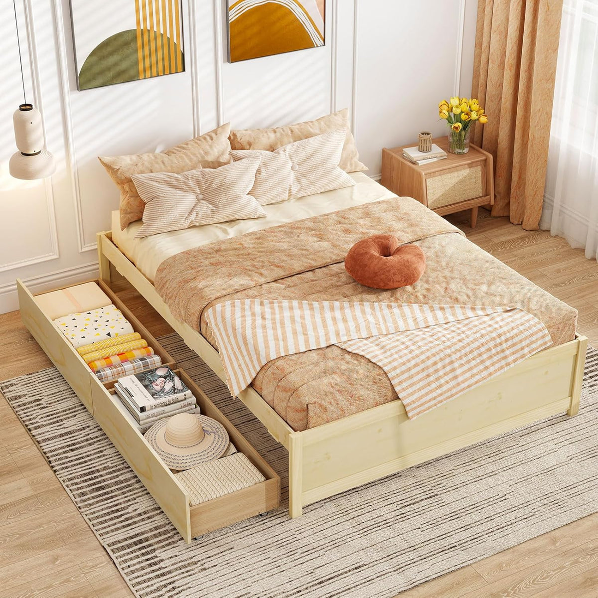Goflame Queen/Full/Twin Size Bed Frame with 2 Storage Drawers, Solid Wood Platform Bed with Slats Support